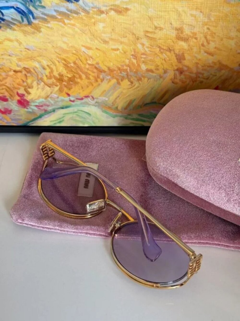 🕶️ Miu Miu Gold Oval Sunglasses with Purple Lenses ✨ - Picture 2 of 5